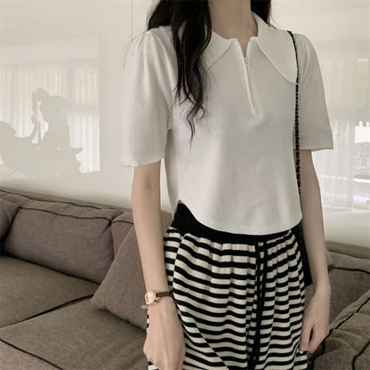 Collared Half Knit Short-Sleeve Zip Top