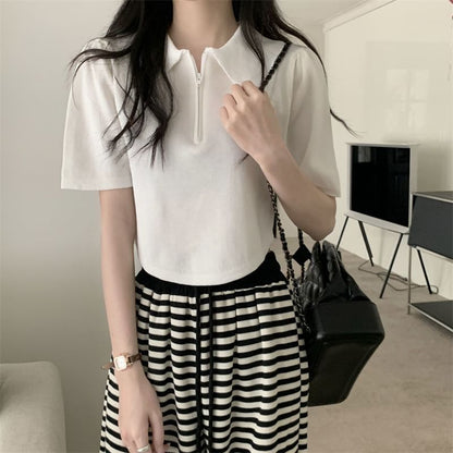 Collared Half Knit Short-Sleeve Zip Top