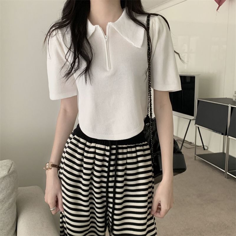 Collared Half Knit Short-Sleeve Zip Top