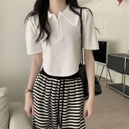 Collared Half Knit Short-Sleeve Zip Top