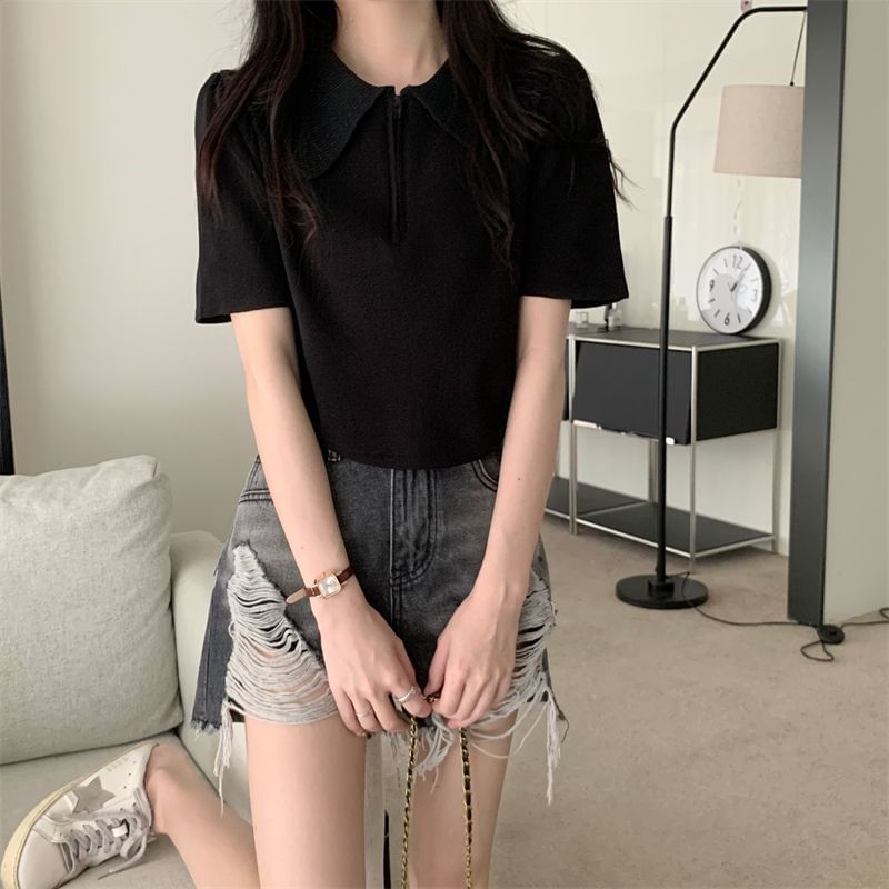Collared Half Knit Short-Sleeve Zip Top