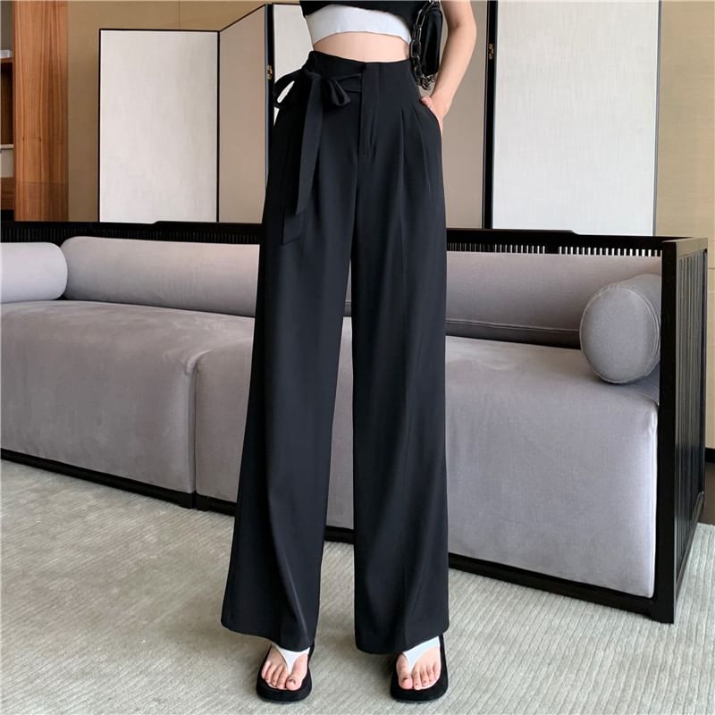 Waist Leg Tie-Up High Dress Wide Plain Pants