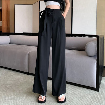 Waist Leg Tie-Up High Dress Wide Plain Pants