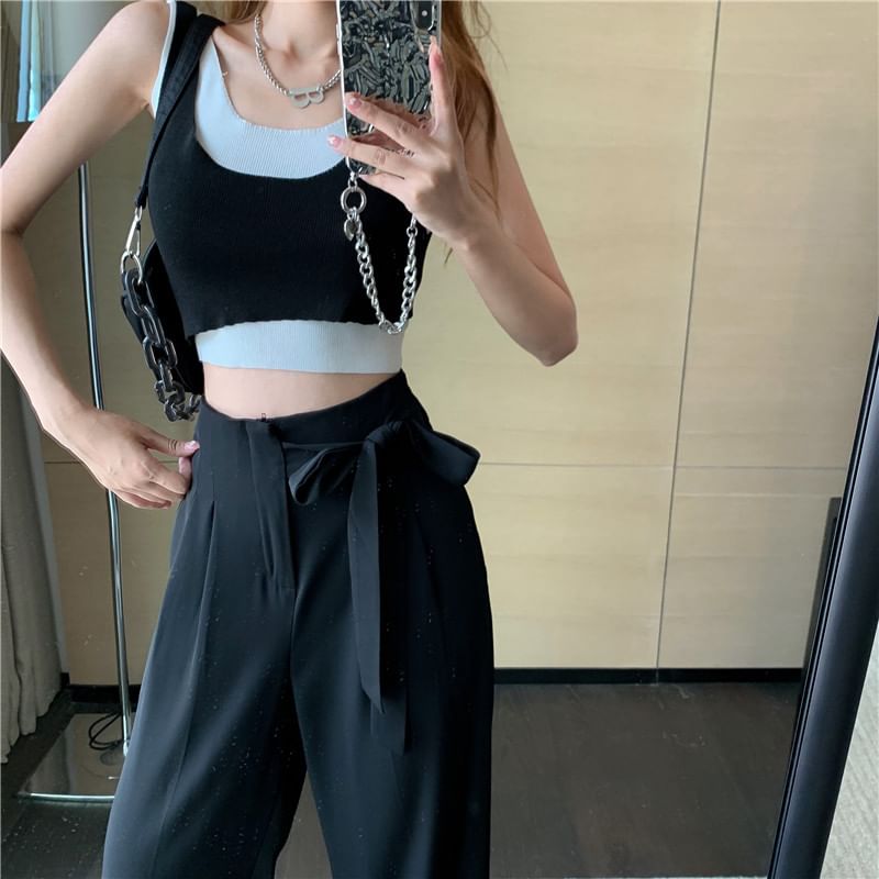 Waist Leg Tie-Up High Dress Wide Plain Pants