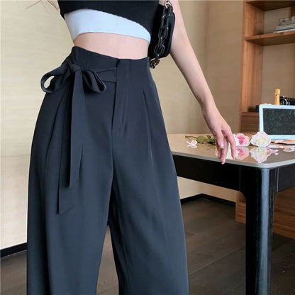 Waist Leg Tie-Up High Dress Wide Plain Pants
