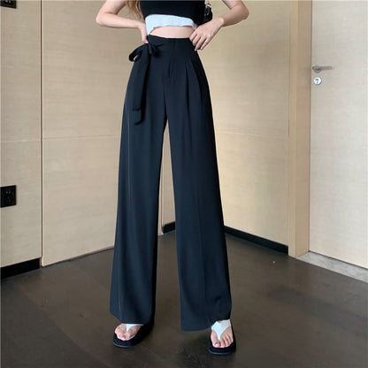 Waist Leg Tie-Up High Dress Wide Plain Pants