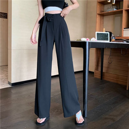 Waist Leg Tie-Up High Dress Wide Plain Pants