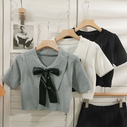Collared Bow Top Short-Sleeve Crop Knit