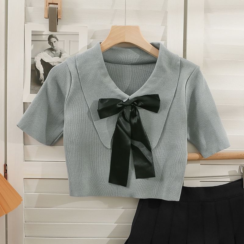 Collared Bow Top Short-Sleeve Crop Knit