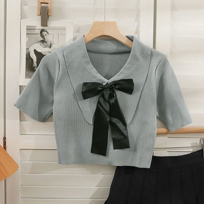 Collared Bow Top Short-Sleeve Crop Knit