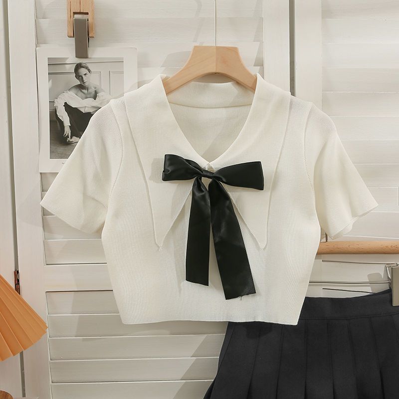 Collared Bow Top Short-Sleeve Crop Knit