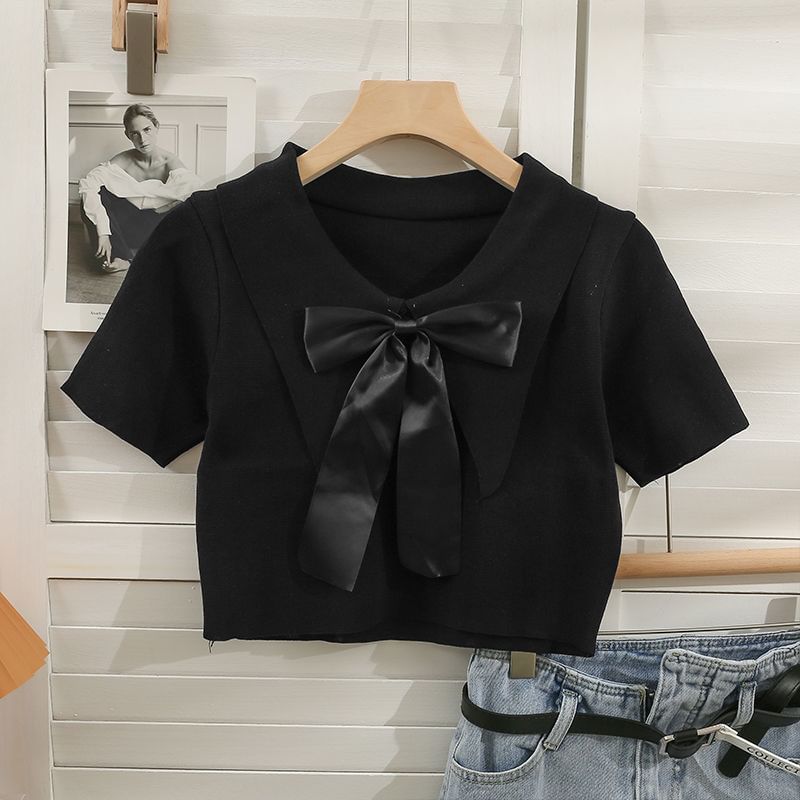 Collared Bow Top Short-Sleeve Crop Knit
