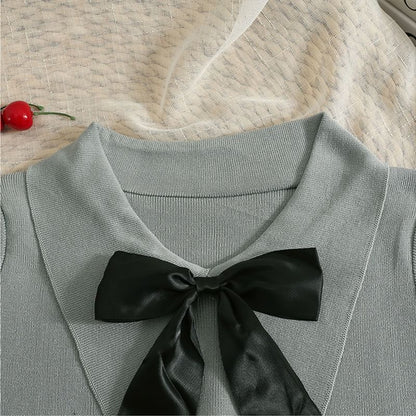 Collared Bow Top Short-Sleeve Crop Knit