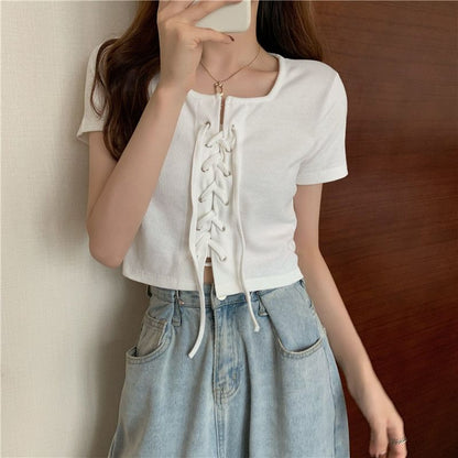 Plain Neck Top Short-Sleeve Square Up Lace
