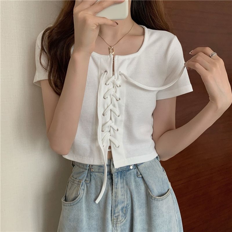 Plain Neck Top Short-Sleeve Square Up Lace