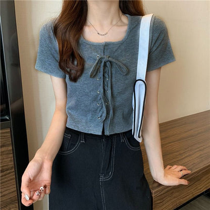 Plain Neck Top Short-Sleeve Square Up Lace