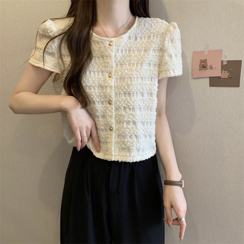 Plain Top Short-Sleeve Frill Neck Button Round