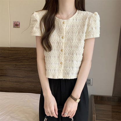 Plain Top Short-Sleeve Frill Neck Button Round