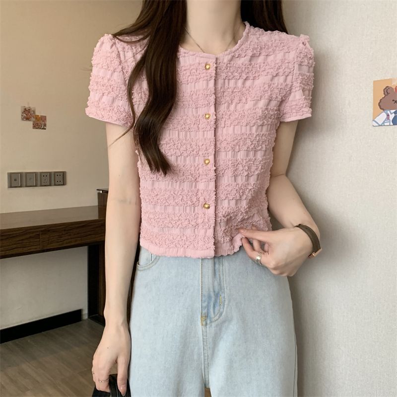 Plain Top Short-Sleeve Frill Neck Button Round