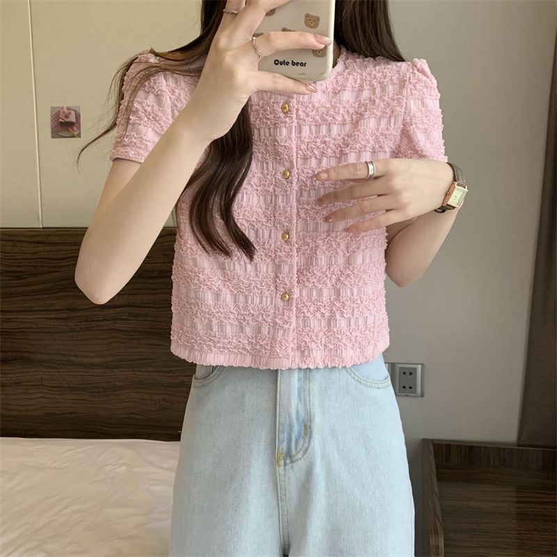 Plain Top Short-Sleeve Frill Neck Button Round