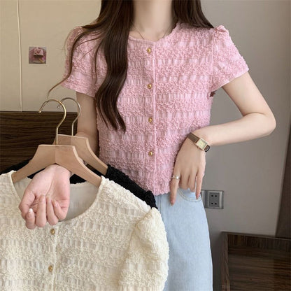 Plain Top Short-Sleeve Frill Neck Button Round