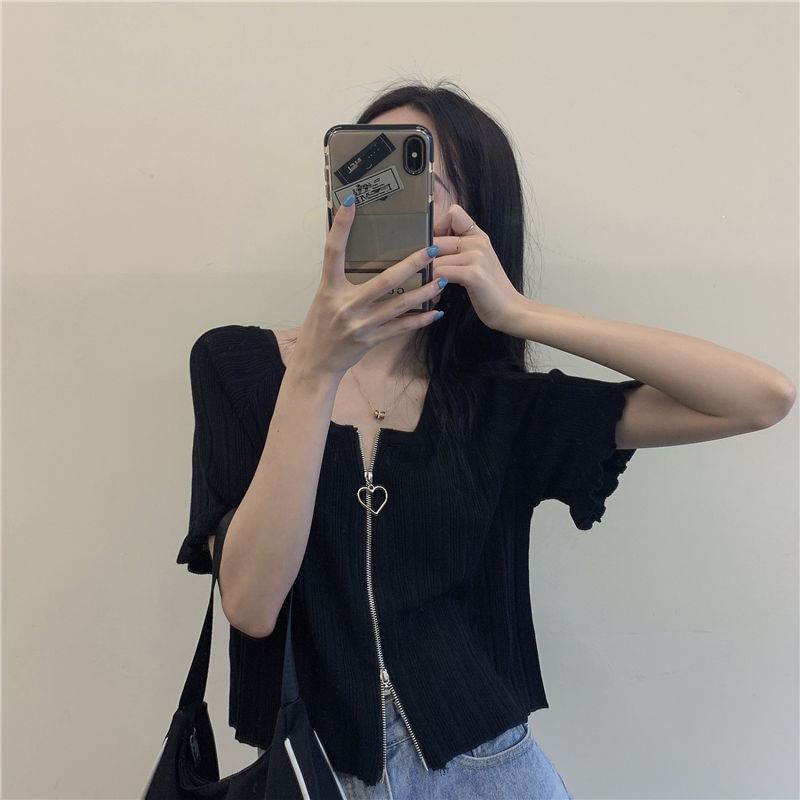 Plain Round Ribbed Neck Zip Short-Sleeve Cardigan