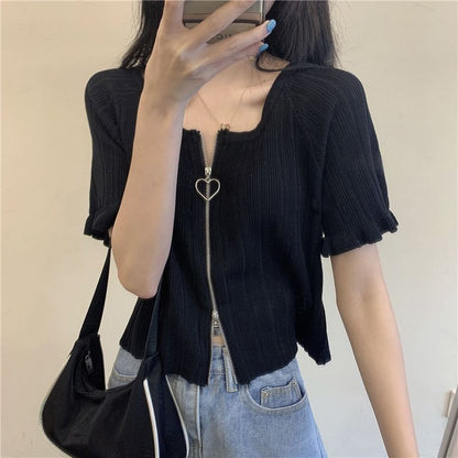 Plain Round Ribbed Neck Zip Short-Sleeve Cardigan