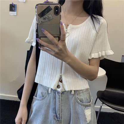 Plain Round Ribbed Neck Zip Short-Sleeve Cardigan