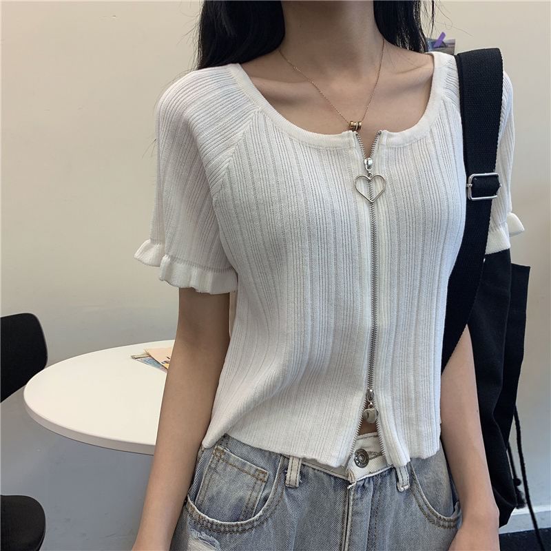 Plain Round Ribbed Neck Zip Short-Sleeve Cardigan