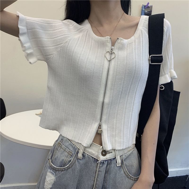 Plain Round Ribbed Neck Zip Short-Sleeve Cardigan