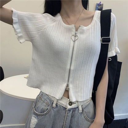 Plain Round Ribbed Neck Zip Short-Sleeve Cardigan