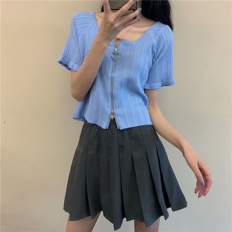 Plain Round Ribbed Neck Zip Short-Sleeve Cardigan
