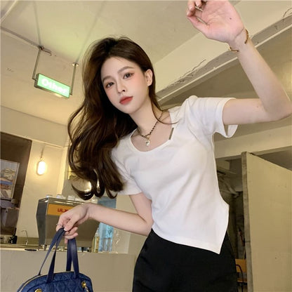 Crew Neck Asymmetrical Plain Short-Sleeve Tee