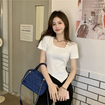 Crew Neck Asymmetrical Plain Short-Sleeve Tee