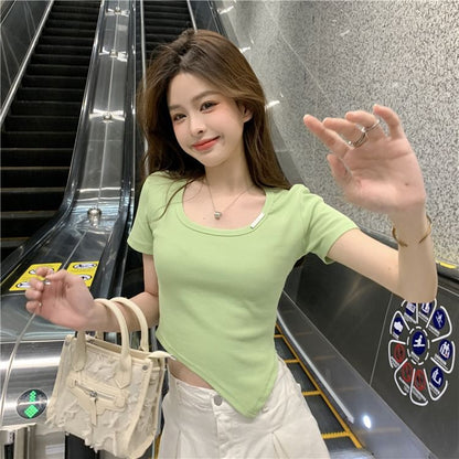 Crew Neck Asymmetrical Plain Short-Sleeve Tee