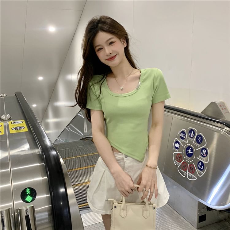 Crew Neck Asymmetrical Plain Short-Sleeve Tee