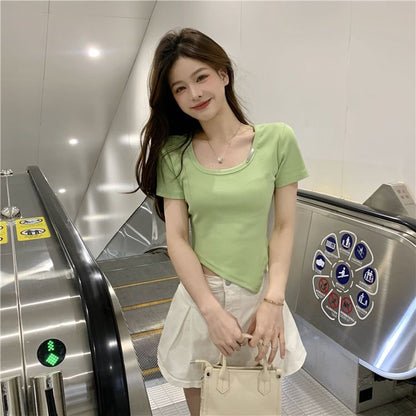 Crew Neck Asymmetrical Plain Short-Sleeve Tee