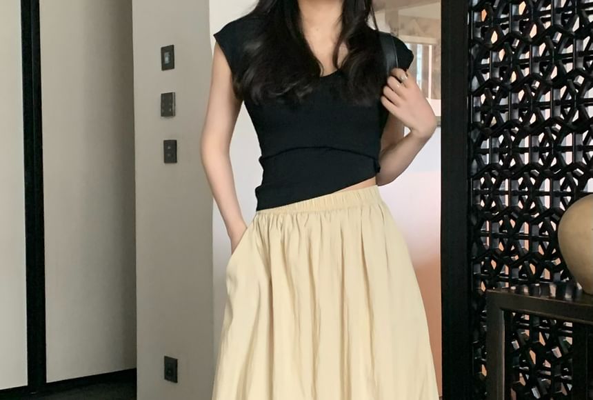 Elastic Maxi Waist A-Line Skirt Plain