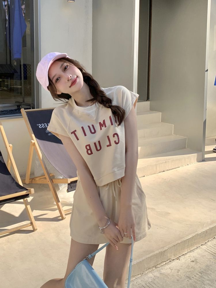 T-Shirt Plain Drawstring Waist Short-Sleeve Lettering Neck Print Set: Shorts Crew +