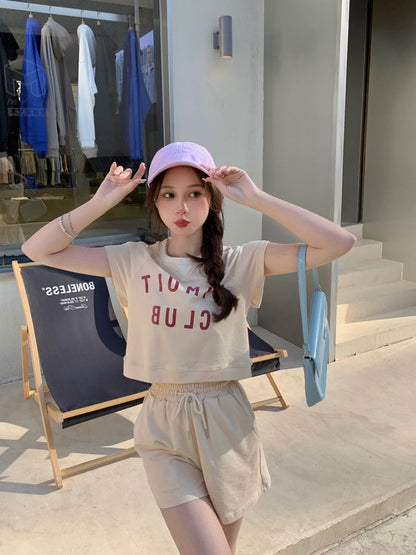 T-Shirt Plain Drawstring Waist Short-Sleeve Lettering Neck Print Set: Shorts Crew +