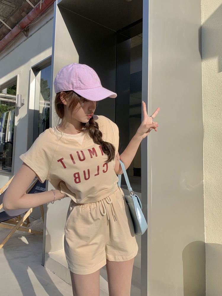 T-Shirt Plain Drawstring Waist Short-Sleeve Lettering Neck Print Set: Shorts Crew +