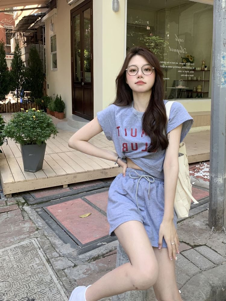 T-Shirt Plain Drawstring Waist Short-Sleeve Lettering Neck Print Set: Shorts Crew +