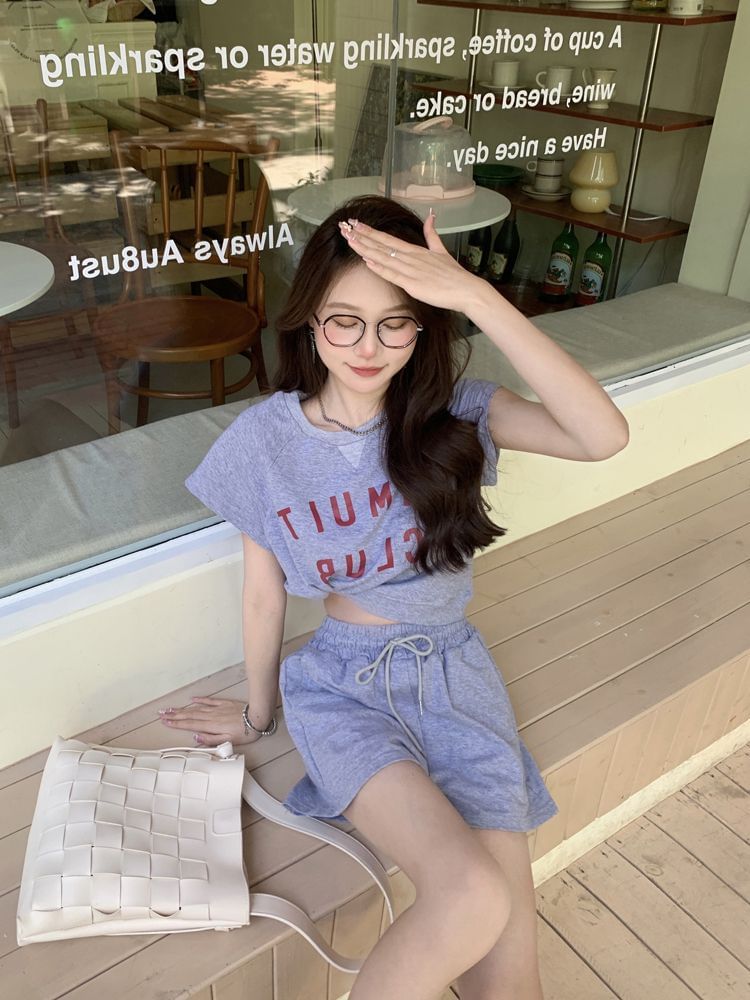 T-Shirt Plain Drawstring Waist Short-Sleeve Lettering Neck Print Set: Shorts Crew +