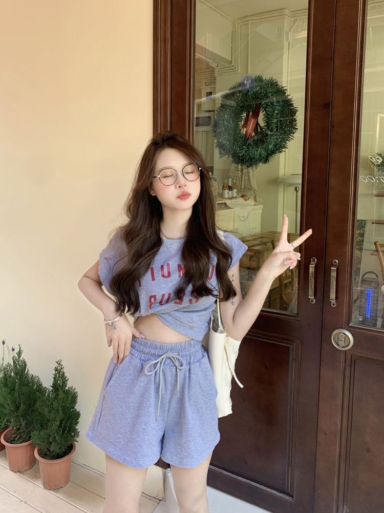 T-Shirt Plain Drawstring Waist Short-Sleeve Lettering Neck Print Set: Shorts Crew +