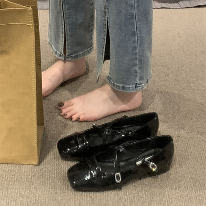 Chunky Square Toe Mary Shoes Strap Heel Jane Cross