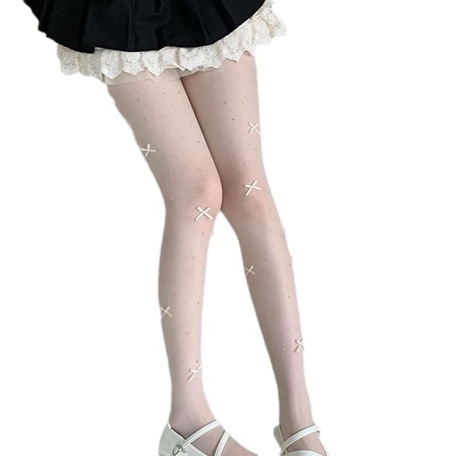 Bow Rhinestone Sheer Tights