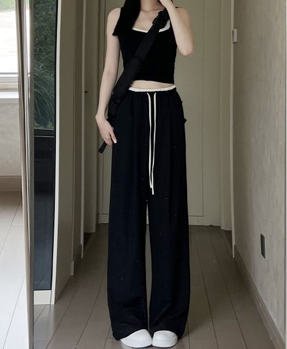 Panel Contrast High Rise Drawstring Wide Leg Pants