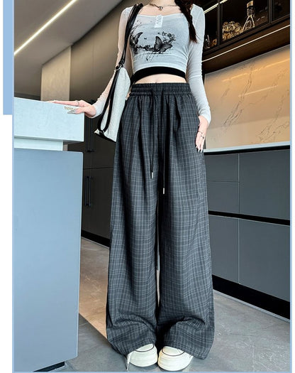 Plaid High Waist Drawstring Wide Leg Pants