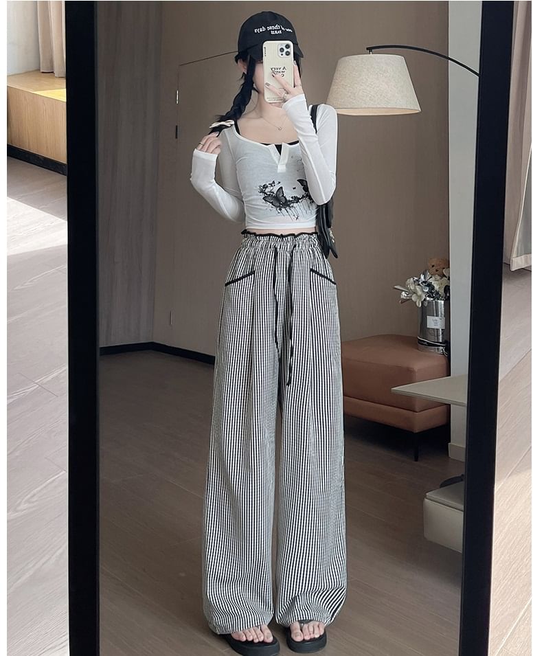 Contrast Panel Pocket Drawstring High Waist Wide Leg Pants