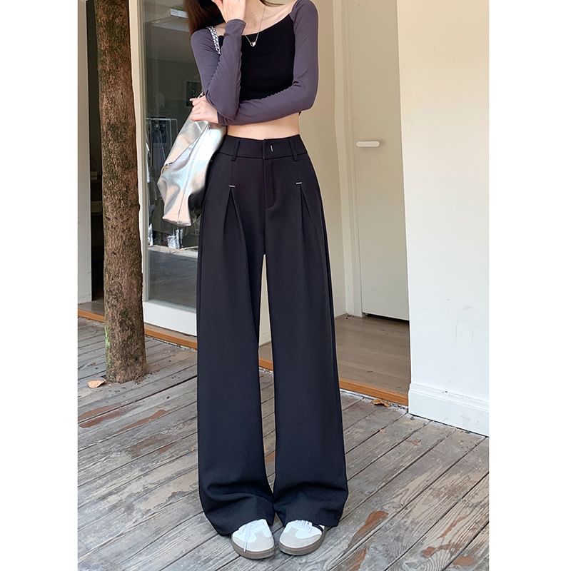 High Rise Plain Loose-Fit Wide-Leg Pants